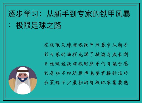 逐步学习：从新手到专家的铁甲风暴：极限足球之路